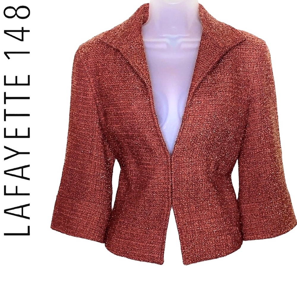 Lafayette 148 Metallic Sparkle Wool Tweed Blazer Suit Red Orange Silver Work 4 - Picture 9 of 16